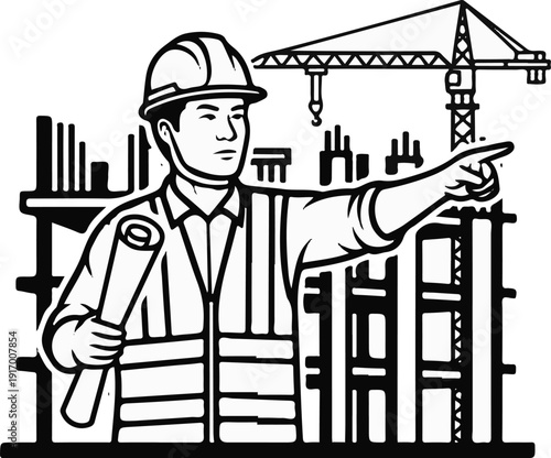 A construction worker in a hard hat points toward an active construction site