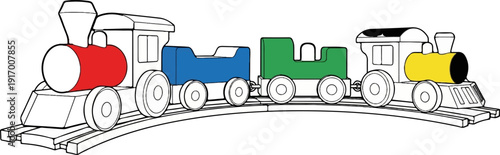 A colorful wooden toy train with a red engine and three carts