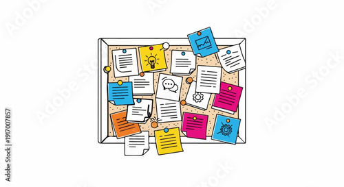 A corkboard displaying various notes with drawings of ideas and communication