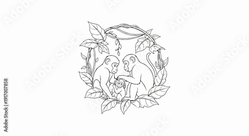 A family of monkeys nestled among lush green leaves and vines