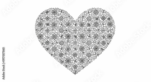 A heart shape filled with tiny drawings of gifts, snowflakes, and other festive icons