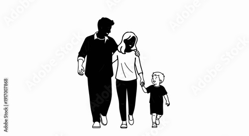 A family of three walks together, smiling and holding hands