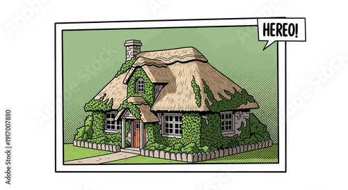 Charming cottage with thatch roof and ivy in comic book style with speech bubble