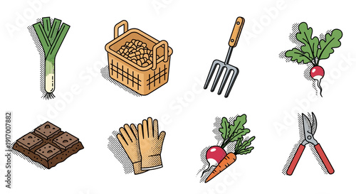 Gardening essentials: retro comic style tools and produce collection