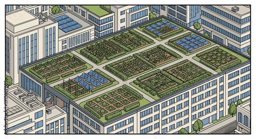 Green roof garden in urban cityscape with solar panels and vegetation