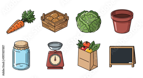 Colorful farming and market elements with vegetables and tools