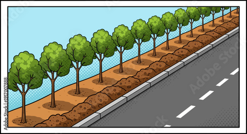 Comic style roadside trees with fresh soil in a vibrant landscape