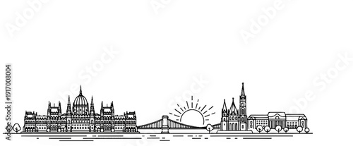A minimalist line drawing of a city skyline with iconic buildings, a bridge, and a sunrise
