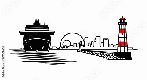 A cruise ship arrives in a city harbor with a lighthouse guide