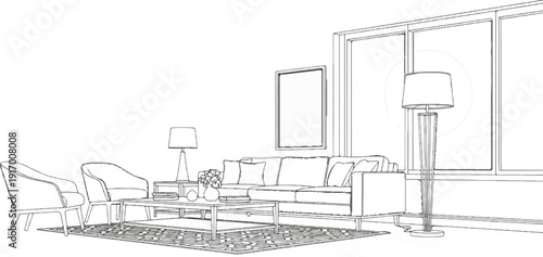 A minimalist line drawing of a modern living room setup with furniture