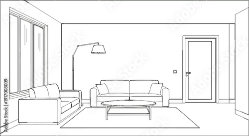 A minimalist line drawing of a modern living room with two sofas