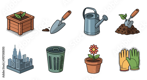 Urban gardening tools and cityscape elements in colorful cartoon style