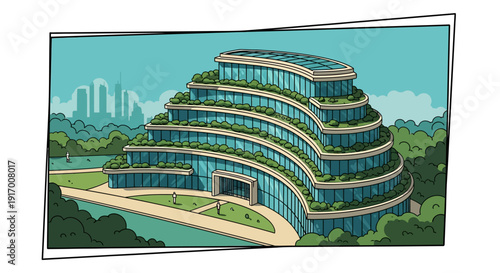 Modern eco-friendly terraced building with green roofs