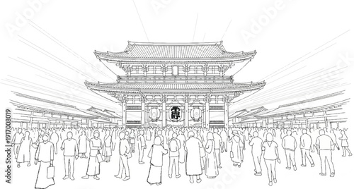 A crowd gathers before a grand, ornate gateway with radiating light lines