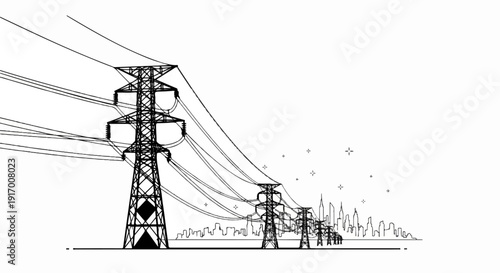 A minimalist line drawing of a series of power line towers against a city skyline
