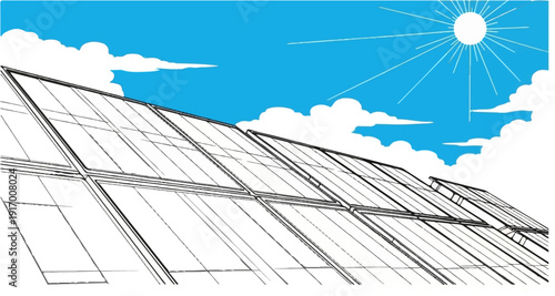 A row of solar panels against a bright blue sky with white clouds