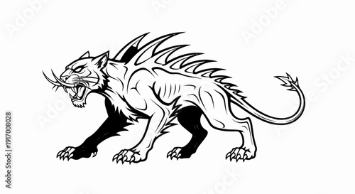 A fierce, stylized feline creature with sharp claws and a spiky mane