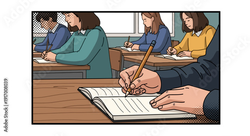 Comic style classroom scene with students writing in notebooks during lessons