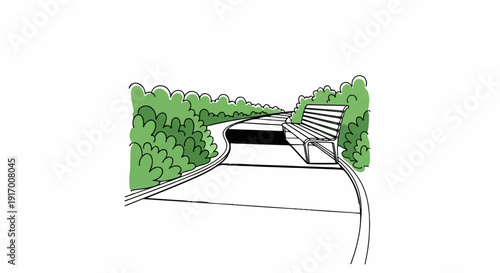 A curving path leads to a park bench amidst lush green bushes