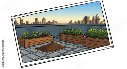 Urban rooftop gardening at sunset with city skyline in background