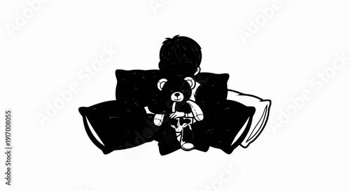 A figure sits with a teddy bear, surrounded by pillows