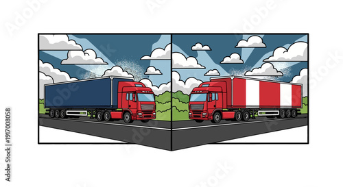 Two trucks on highway in symmetrical comic style with blue sky and clouds