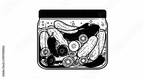 A jar filled with pickles, peppers, and tomato slices