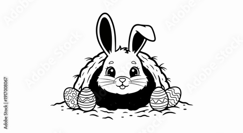 A cute cartoon bunny peeking from its burrow, surrounded by decorated eggs