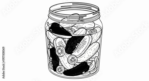 A jar brimming with sliced cucumbers, chili peppers, and tomato slices