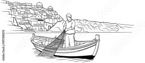 A fisherman in a boat with a net, a village on a cliff overlooking the sea