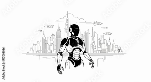 A humanoid robot stands before a futuristic city skyline with flying vehicles