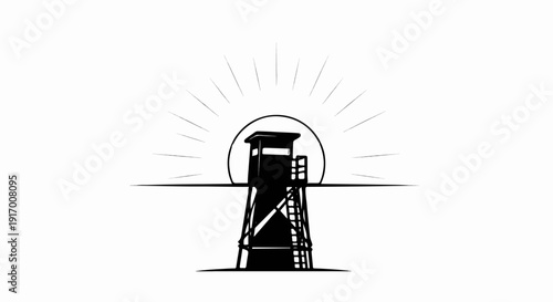 A minimalist, silhouetted lifeguard tower with radiating lines suggesting sun