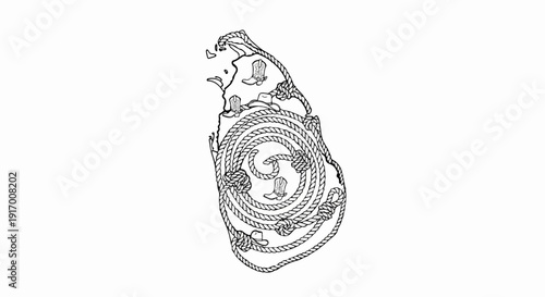 A lasso coils in a spiral with boots and a hat scattered around