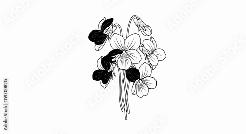 A monochrome illustration of a small bunch of violets with some darker petals