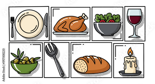 Halftone style dining elements: thanksgiving dinner with roast turkey, salad, and wine