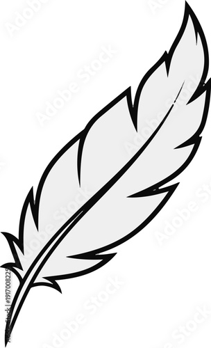 A light gray quill pen, with black outlines, poised on white