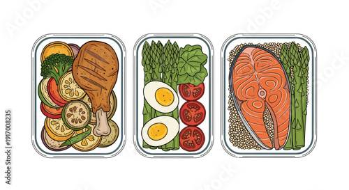 Healthy meal prep with assorted vegetables and proteins in containers