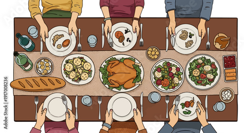 Family gathering dinner table with festive meal and diverse hands from above