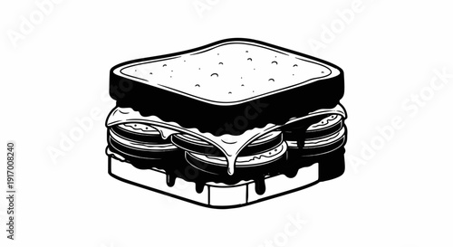 A layered sandwich with melted cheese dripping down its sides