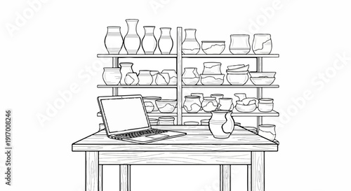 A line art drawing of a table with a laptop and shelves filled with pottery