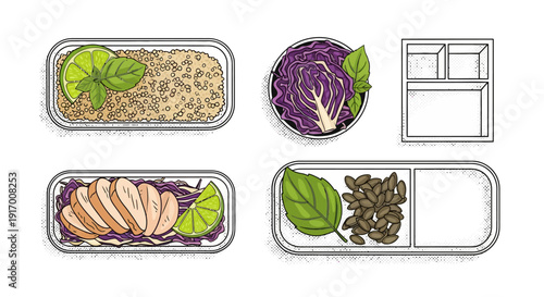 Healthy meal prep: quinoa, chicken, red cabbage, pumpkin seeds with lime and basil