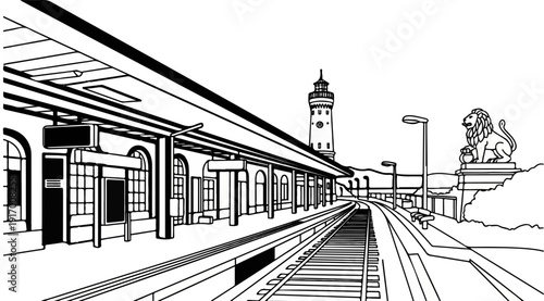 A monochrome line art perspective of a train station with a tower and lion statue