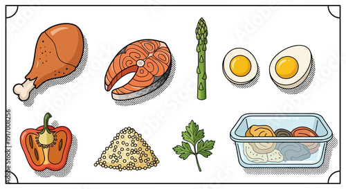 Healthy ingredients collection: chicken, salmon, quinoa, asparagus, vegetables, and eggs