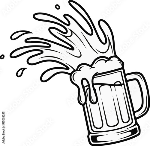A frothy mug of beer spills over, with splashes and drips flying outward