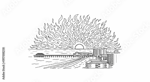 A line art depiction of a fiery sunset over a pier and coastal buildings