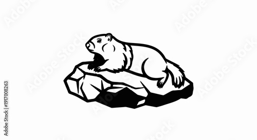 A monochrome illustration of a marmot resting on a rocky surface