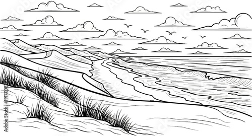 A serene coastal landscape with rolling dunes and gentle ocean waves under a sky dotted with clouds