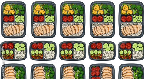 Meal prep containers with chicken, rice, and vegetables in repetitive pattern