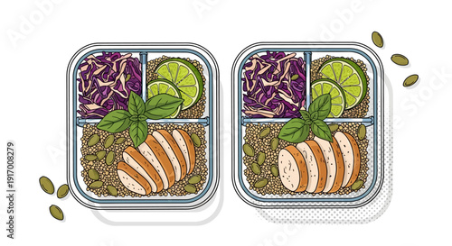 Healthy meal prep with chicken, quinoa, and fresh vegetables in containers