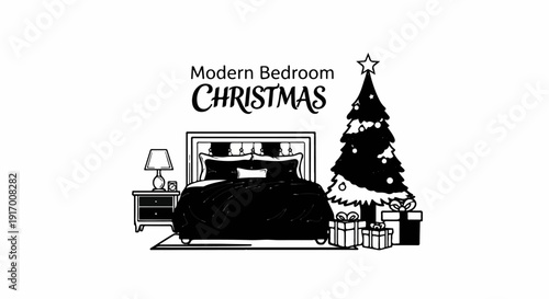 A monochrome sketch depicts a modern bedroom with a bed, nightstand, Christmas tree, and gifts